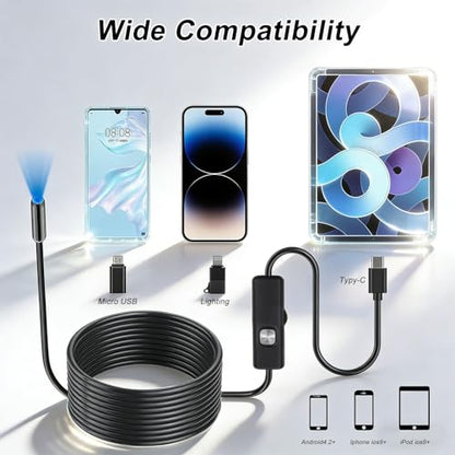 Endoscope Camera with Light, 1920P HD Borescope Tools with 8 Adjustable LED Lights, Endoscope with Semi-Rigid Snake Camera, Inspection Borescope for iOS and Android 16.4ft Single Lens - size: Single lens 16.4ft