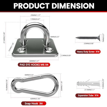 304 Stainless Steel Pad Eye Snap Hook, M6 Ceiling Hook 800Lb,8Pcs | Hanging Kit with Screws for Hammock Chair Swing, Yoga Gym Equipment, Sun Shade Sail, Plant Hangers & Marine Boat Hardware - size: 2.3 inch, style: Square