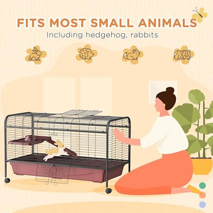 PawHut 48" L Small Animal Cage, Rabbit Hutch, or Ferret Pet Play House with Feeder, Rolling Wheels, Platform, Ramp | Ferret Pet Play House, Platform, Ramp - size: 48.0"L x 23.3"W x 28.8"H