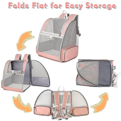 Cat Backpack Carrier, Large Pet Backpack with Kitten Wand Feather Toy for Medium Small Dog Cat Puppy Kitty Bunny up to 15lbs, Ventilated Mesh Dog Travel Carrier for Hiking Walking Outdoor Use (Pink) - color: Pink