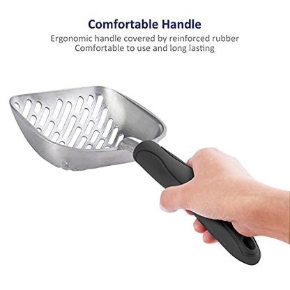 Cat Litter Scoop, Aluminum Alloy Sifter, Kitty Metal Scooper, Deep Shovel with Diagonal Sifting Hole, Long Handle, Kitten Poop Lifter for Litter Box, Large Size, Black Handle - color: #06 Black, size: Large