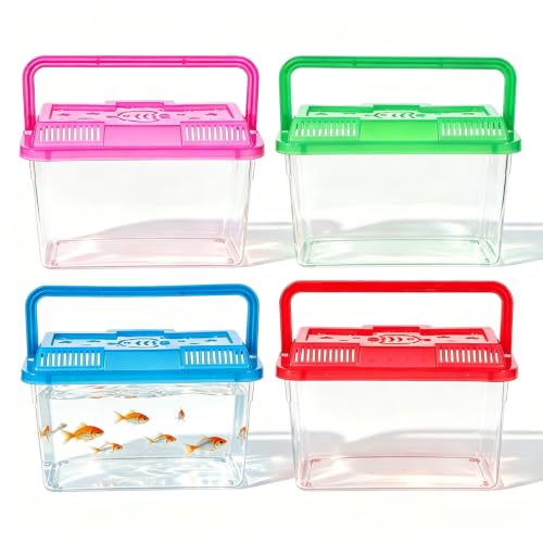 NOLITOY 4 pcs Thick Plastic Portable Fish Tank Mini Aquarium Travel Carrier | Clear Viewing Box, Sturdy Handle Design, Turtle Breeding Habitat, Multi Color Theme, Reptile Clinic Transport Gear, 5.90 inch