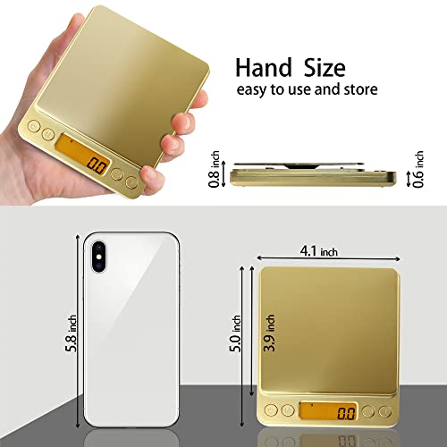 Fuzion Small Gram Scale 3000g, Digital Kitchen Food Scale, Gram and Ounce | Gold Titanium Mirror Finish, 0.1g Accuracy, 6 Modes, 2 Trays Included, Tare, Piece Counting, For Food, Coffee, Coins, Herb - color: Gold Titanium