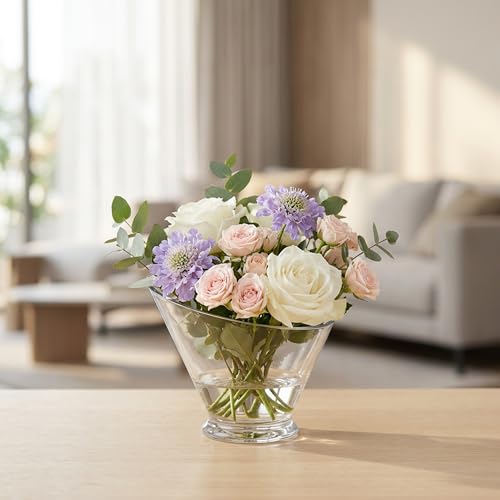 WGVI Slant Cut Calyx Glass Vase, Width 7.25", Height 6.25", Clear Terrarium, Candy Dish, Fruit Jar, Floral Container for Wedding Party Event, Home Office Decor, 1 Piece - size: Slant Cut 6.25"H