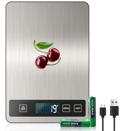 【33 lb & USB Rechargeable】 Digital Kitchen Food Scale Kitchen Scale, Stainless Steel Digital Weight Grams and Oz, Baking and Cooking, 0.1oz/1g Precise, 6 Weight Units (B1)