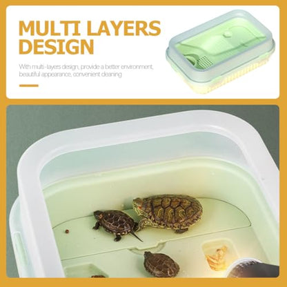 Indoor Tortoise Tank with Plastic Turtle Platform and Drainage System Portable Small Turtle Terrarium for Reptile Habitat Mint Green Basking Area