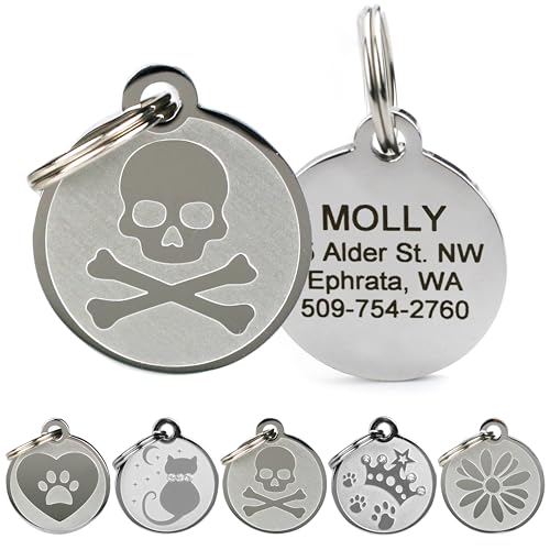 GoTags Playful, Custom Engraved Pet ID Tags, Solid Stainless Steel, Personalized Dog and Cat Pet ID with up to 4 Lines of Text, Cute, Durable and Long-Lasting - style: Crossbones