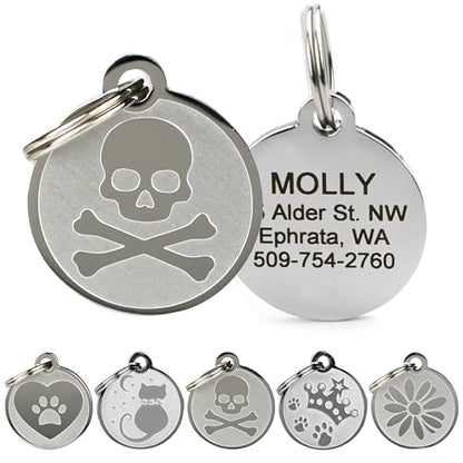 GoTags Playful, Custom Engraved Pet ID Tags, Solid Stainless Steel, Personalized Dog and Cat Pet ID with up to 4 Lines of Text, Cute, Durable and Long-Lasting - style: Crossbones