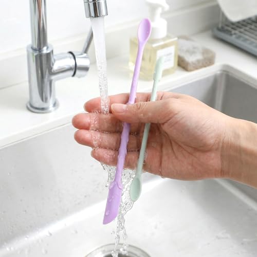 4 Pcs Reptile Feeding Tongs, Silicone Crested Gecko Food Spoon Set, Long Handle Reptile Spoon & Spatula for Lizard Gargoyle Bearded Dragon, Dual Size Purple Green Mixing Stirring Tool for Powder Fruit