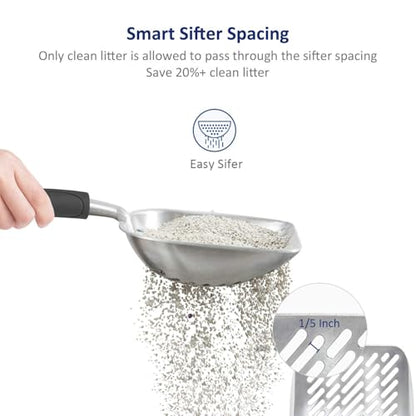 Cat Litter Scoop, Aluminum Alloy Sifter, Kitty Metal Scooper, Deep Shovel with Diagonal Sifting Hole, Long Handle, Kitten Poop Lifter for Litter Box, Medium Size, Black Handle - color: #06 Black, size: Medium