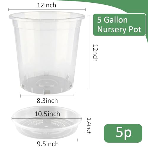BTPLASTIK 5 Gallon Clear Nursery Pots with Saucers 5P, 12 Inch Round Plastic Plant Pots with Drainage Holes - size: 5 Gallon + Saucers 5P