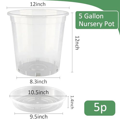 BTPLASTIK 5 Gallon Clear Nursery Pots with Saucers 5P, 12 Inch Round Plastic Plant Pots with Drainage Holes - size: 5 Gallon + Saucers 5P