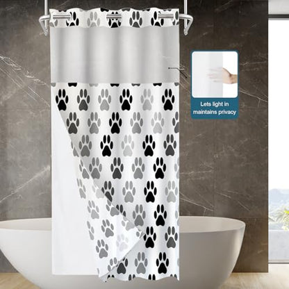 Black Animal Paw Cat Dog No Hooks Shower Curtain with Snap in Liner Set, Colorful Paw Prints Tub Curtainn Mesh Top Window & Magnetic Hem Waterproof 35.5X74 Inch - color: Animal Dog Black, size: 35.4"W x 74"L (Pack of 1)