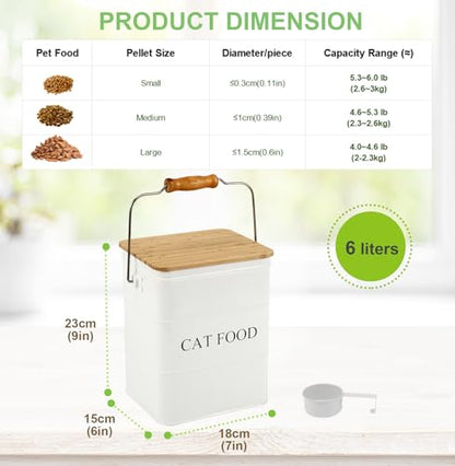 Cat Food storage container Cat Treats Jar,5~6 lb Metal food treats tin for Cat, pet snacks Canisters with wooden lid/handle/sevice scoop-White - color: Cat-White