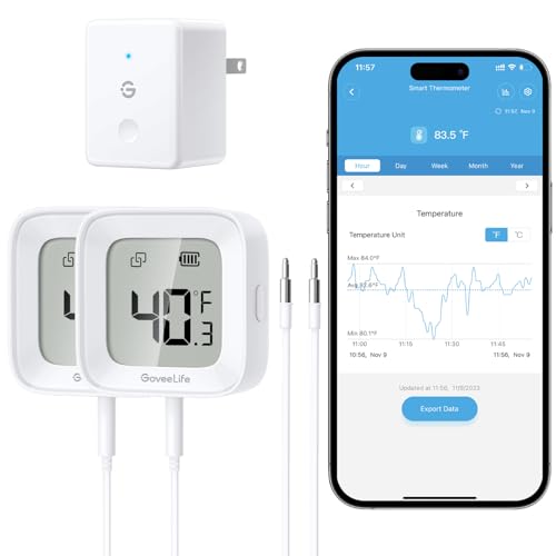 GoveeLife WiFi Refrigerator Thermometer 2-Pack with Gateway & LCD Display | Freezer alarm fridge monitor with app alerts & anti-false, 197ft range, 2-yr data export. For freezer/fish tank/hot tub - style: BT Gateway+2 Sensor