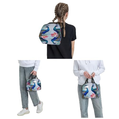 Insulated Lunch Bag Beautiful Peacocks and Lotuses Lunch Box for Women Men Reusable Leakproof Lunch Cooler Bag for Office Picnic - color: Beautiful Peacocks And Lotuses
