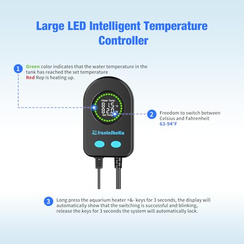 100W Submersible Fish Tank Heater for 10-20 Gallon with Auto Shut-Off When Leaving Water—Aquarium Heater, Dry-Burn & Overheat Protection, Smart LED Display for Betta Freshwater Saltwater - size: 100W