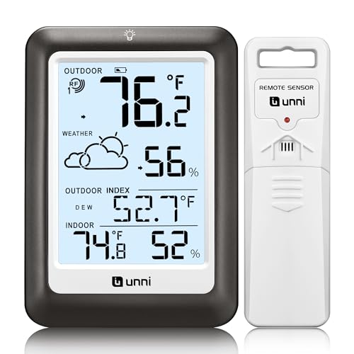 Indoor Outdoor Thermometer Wireless Weather Station, Temperature Humidity Monitor Battery Powered Inside Outside Thermometers with 330ft Range Remote Sensor and Backlight Display（Metal Black） - color: Metal Black