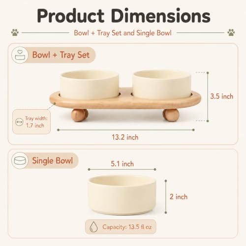Havniva Raised Cat Bowl 5.1” Elevated Ceramic Cat Food and Water Bowl Set | Cat Bowls Elevated, Whisker Friendly Cat Bowl, Non-Slip Wood Stand, Food-Grade Ceramic, Wide Opening, Dishwasher Safe - color: Light Yellow, size: 2 Bowls+Tray - 5.1"