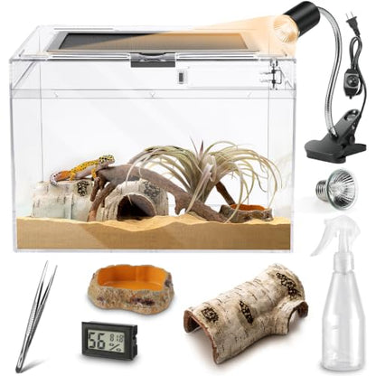 HELIME Reptile Tank 7 Piece Starter Kit with Escape Proof Locking Lid Large | All in One lizard Terrarium,Polycarbonate Leopard Gecko Enclosure Frogs Cage with Light,Hygrometer,Hide,Tweezer,Bowl,Sprayer - size: Large(15.6x8x10IN)