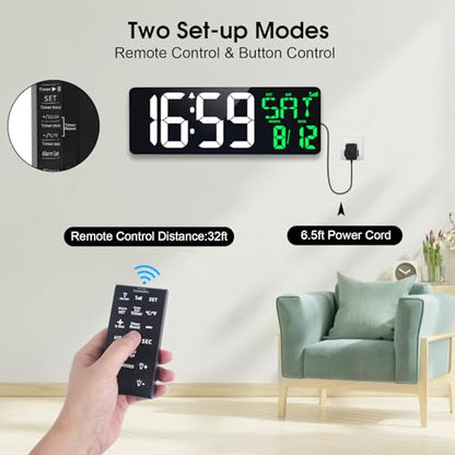 17" Large Digital Wall Clock, Bluetooth Sync, Auto Dimmer, Remote | Bluetooth Automatic Time Sync, Stable Plug-in Power, DST Support, Date Week Temperature Display, Fits all Indoor Spaces - color: White+green