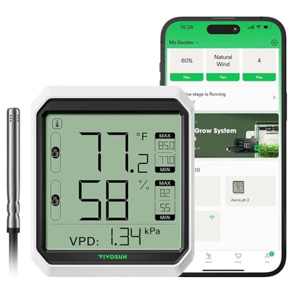VIVOSUN Digital Hygrometer Thermometer, Humidity Meter with Probe, App | Wireless Bluetooth, Indoor, VPD, Data Storage, Dual Channels with Sensor Probe, Battery Included - style: Thermometer with External Probe