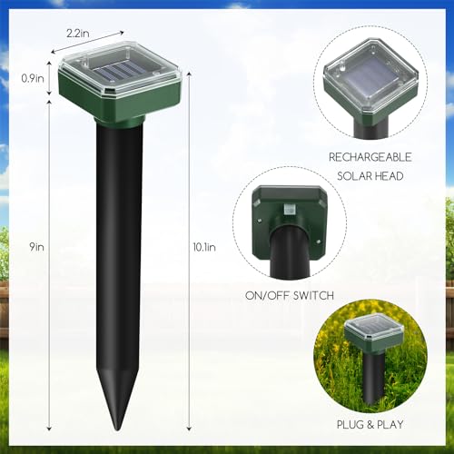 8 Pack Solar Mole Repellent Ultrasonic Gopher Vole Repellent Outdoor Mole Chaser Spike Stakes Snake Deterrent for Yard,Solar Rodent Repeller for Moles Gophers Groundhogs Chipmunks Lawn Garden Farm