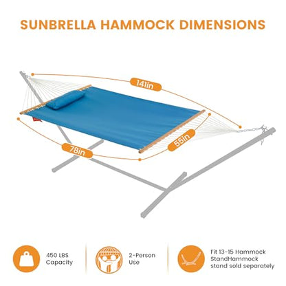 Lazy Daze 12 FT Sunbrella Fabric Hammock, Non-Fading Double Outdoor Hammock | 2 Person Hammock with Pillow, Straps, Carabiners , All Weather Fade Resistant for Outside, Canvas Pacific Blue - color: Canvas Pacific Blue
