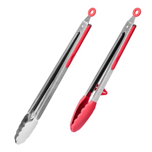 Kitchen Mama DuoEssentials Cooking Tongs Set, Red | Silicone Tip, Stainless Steel, Locking Ring, Heat Resistant, Non Stick Cookware Safe - color: Red