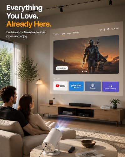 Mini Smart Projector with Built-in Apps, WiFi 6 & Bluetooth 5.4, 1080P Supported Movie Projector for Home Theater, Bedroom & Outdoor Movie Nights
