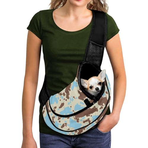 COEQINE Hands-Free Brown Blue Cow Print Pet Crossbody Purse for Women Walking Hide Abstract Front View Cat Carrier Sling Adjustable Strap Small Cats Dogs Outdoor Adventure - color: Brown Blue Cow Print