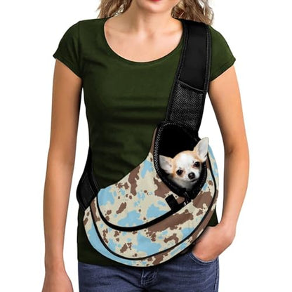 COEQINE Hands-Free Brown Blue Cow Print Pet Crossbody Purse for Women Walking Hide Abstract Front View Cat Carrier Sling Adjustable Strap Small Cats Dogs Outdoor Adventure - color: Brown Blue Cow Print