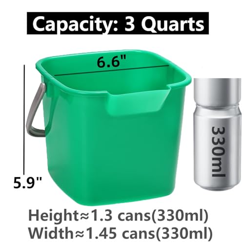 Peohud 4 Pack Sanitizing Buckets, 3 Quart Small Cleaning Buckets, Square Detergent Pail with Spout and Handle, Plastic Utility Bucket for Home Kitchen School Offices Commercial Use, Green