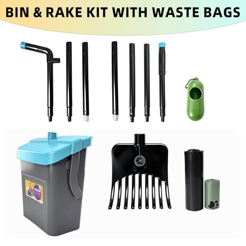 46" Pooper Scooper Swivel Bin & Rake for Large Small Dogs with Bag Attachment, Long Handle Poop Scooper with Lid for Yard (Blue) - color: Blue