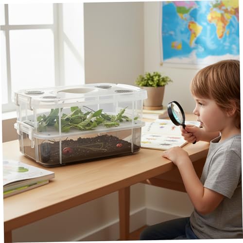 Mealworm Breeding Kit, 24x16x13cm Clear Plastic Reptile Breeding Box with Automatic Waste Separation & Cleaning Tools, Critter Keeper Container for Bearded Dragon Lizard Spider