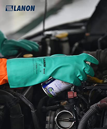 LANON 3 Pairs Nitrile Chemical Resistant Gloves,Flocked Liner,Green,Large | Heavy-Duty,Cleaning,Waterproof,Reusable,Comfortable,Durable,Non-Slip,Industrial,Acid,Solvent,Alkali & Oil Protection - size: Large (Pack of 3)