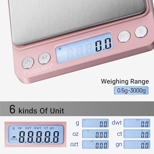 Fuzion Small Gram Scale 3000g, Digital Kitchen Food Scale, Gram and Ounce | 0.1g Accuracy, 6 Modes, 2 Trays Included, Tare Function, Piece Counting, For Food, Coffee, Cooking, Herb, Reptiles, Coins - color: Pink
