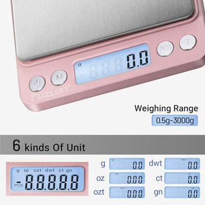 Fuzion Small Gram Scale 3000g, Digital Kitchen Food Scale, Gram and Ounce | 0.1g Accuracy, 6 Modes, 2 Trays Included, Tare Function, Piece Counting, For Food, Coffee, Cooking, Herb, Reptiles, Coins - color: Pink