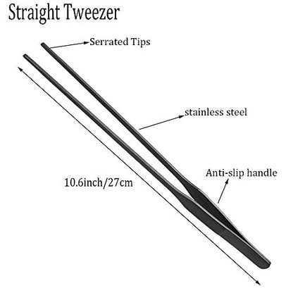 2PCS Aquarium Tweezers Stainless Steel Straight and Curved Tweezers Set Long Handle Reptile Feeding Tongs for Aquatic Plants Lizards Spider Snakes Garden Repairing - 10.6inch, Black - color: 10.6"/Black