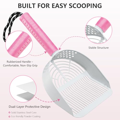 Cat Litter Scoop with Holder, 3 in 1 Metal Kitty Scooper | Heavy Duty Deep Litter Sifter with Dustpan & Mini Broom, Dual Coarse & Fine Grid, Quick Sift, Universal for All Cat Litter - color: Pink, size: Large