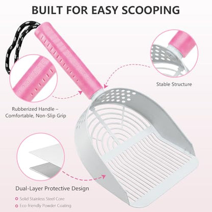Cat Litter Scoop with Holder, 3 in 1 Metal Kitty Scooper | Heavy Duty Deep Litter Sifter with Dustpan & Mini Broom, Dual Coarse & Fine Grid, Quick Sift, Universal for All Cat Litter - color: Pink, size: Large