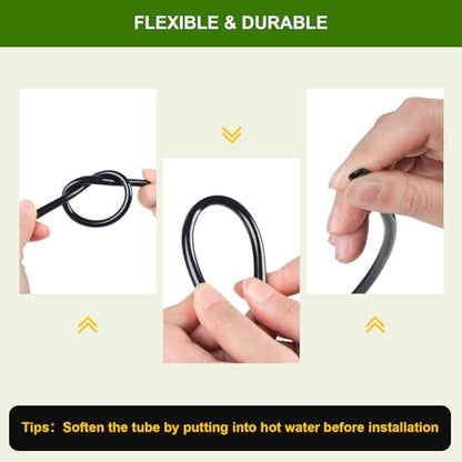100FT 1/4 Inch Drip Irrigation Tubing, Distribution Hose Tube Kit Includes 2pcs 6-Way Connectors & 20pcs 1/4" Tee Splitters and End Plugs for Garden DIY Water-Saving Drip Irrigation System - color: Black-100FT