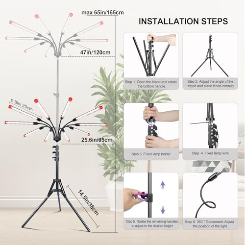 10Head Grow Light with Stand for Tall&Large Indoor Plants, Bonsai Tree, Big Coverage and Bright Plant Growing Lamps, 4/8/12/16/20H Timer, 90 Watt Power Draw, NO Need Adapter, 360° Gooseneck - size: Stand-10Head-90W