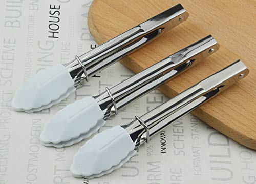 HINMAY 7-Inch Small Serving Tongs with Silicone Tips, Set of 3 (White) | 7-Inch Mini Tongs - color: White