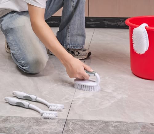 Scrub Brush Set, 4 Pack Deep Cleaning Brush Kit, Gray | 2 Scrub Brush, 2 Tile & Grout Brush with Built-in Scraper, Household Commercial Scrubber for Floor, Shower, Pool Wall, Tub - color: Gray