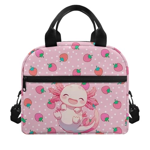 Axolotl Kids Lunch Box Girls Strawberry Lunch Bag Reptiles Insulated Lunch Bag Outdoor Pink Picnic Lunch Boxes Camping Cute Lunchbox for School Lunchbag - color: Axolotl Strawberry