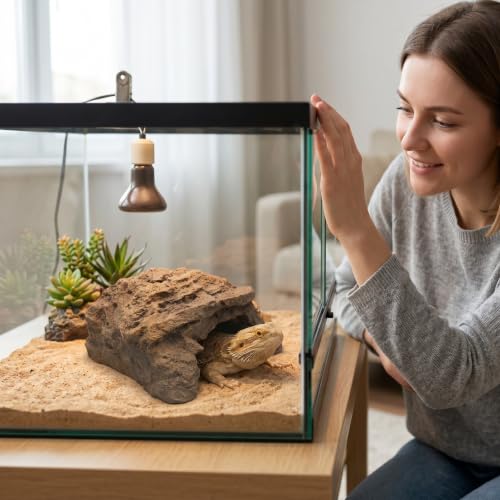 Reptile Hide, Resin Toad House Realistic Rock Cave Safe Humid Shelter for Frogs & Small Reptiles Indoor/Outdoor Garden Use, Reptile Cave