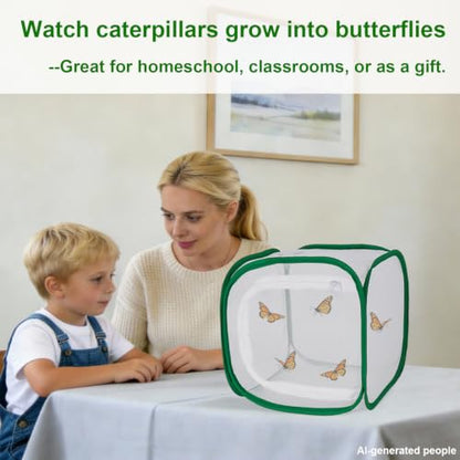 Butterfly Habitat Cage 12" x 12" x 12", Pop-up Butterfly & Insect Habitat Enclosure with Poop Tray for Easy to Clean, Small Foldable & Reusable Caterpillars Mesh Cage Terrarium for Indoor Use. - size: 12" x 12" x 12"