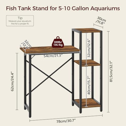 MAHANCRIS 5-10 Gallon Fish Tank Stand with 3-Tier Storage Shelf, Heavy Duty Aquarium Stand for Home Office, Metal Frame Turtle Reptile Terrarium Stand, 30.7"L x 12.6"W x 32.1"H, Rustic Brown FTHR5201 - color: Rustic Brown