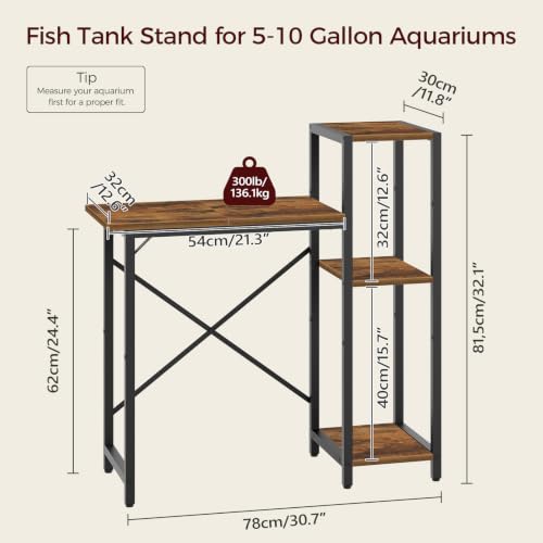 MAHANCRIS 5-10 Gallon Fish Tank Stand with 3-Tier Storage Shelf, Heavy Duty Aquarium Stand for Home Office, Metal Frame Turtle Reptile Terrarium Stand, 30.7"L x 12.6"W x 32.1"H, Rustic Brown FTHR5201 - color: Rustic Brown